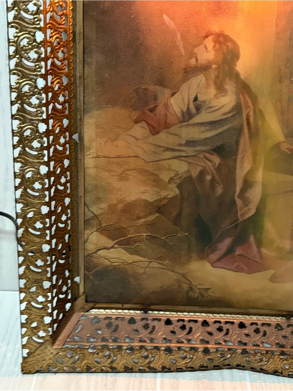 Vintage Antique Lighted 3D Hologram Jesus Lenticular Framed Metal Tested